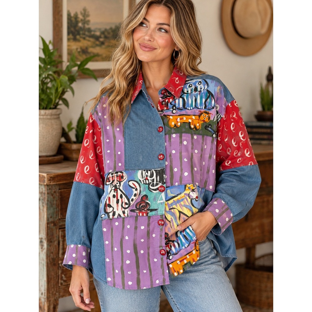 Vintage Encore for Silkscapes Hand Painted Dog Shirt Womens Large Oversized Art
